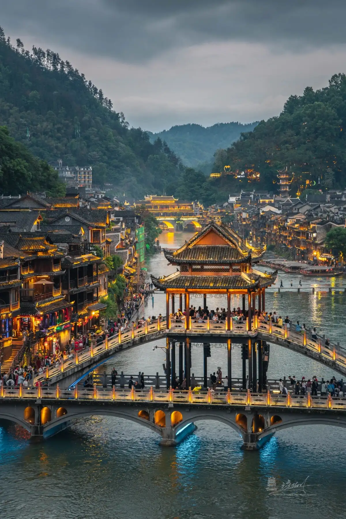 The Night Pavilion Bridge over the Tuo River in Fenghuang Ancient City