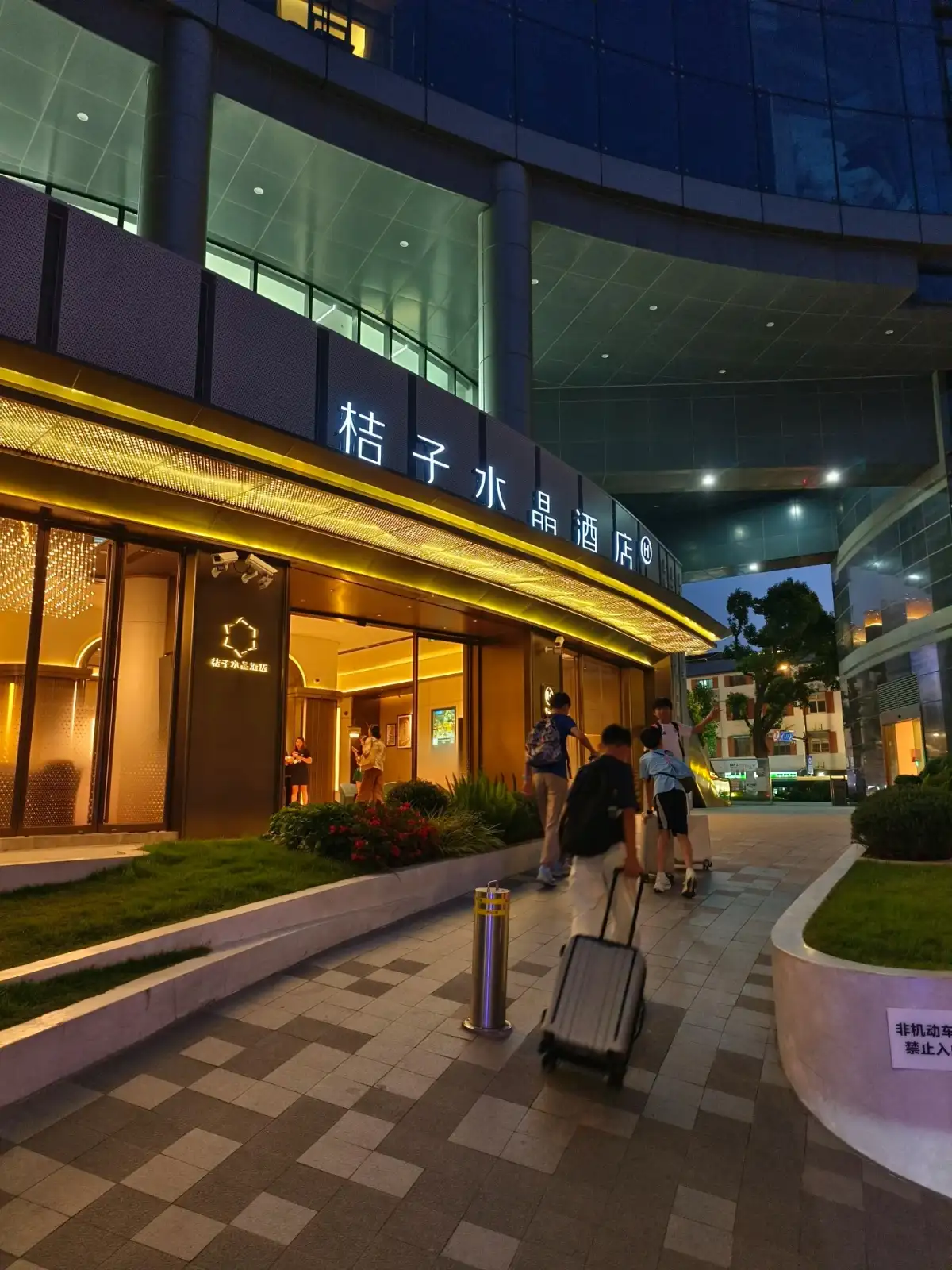 酒店入口、拉行李旅客背影与街边绿植