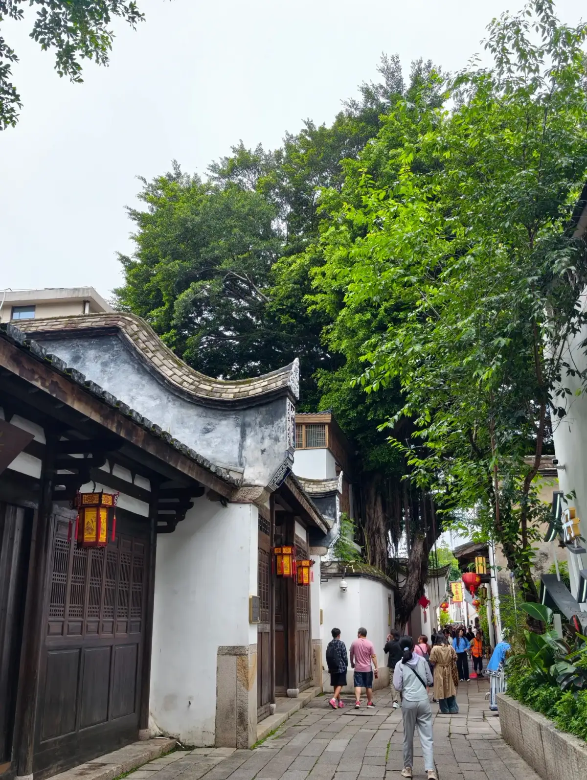 White walls and wooden doors flank a stone-paved alley, while gables, trees, and pedestrians in the distance all extend toward the end of the alley.