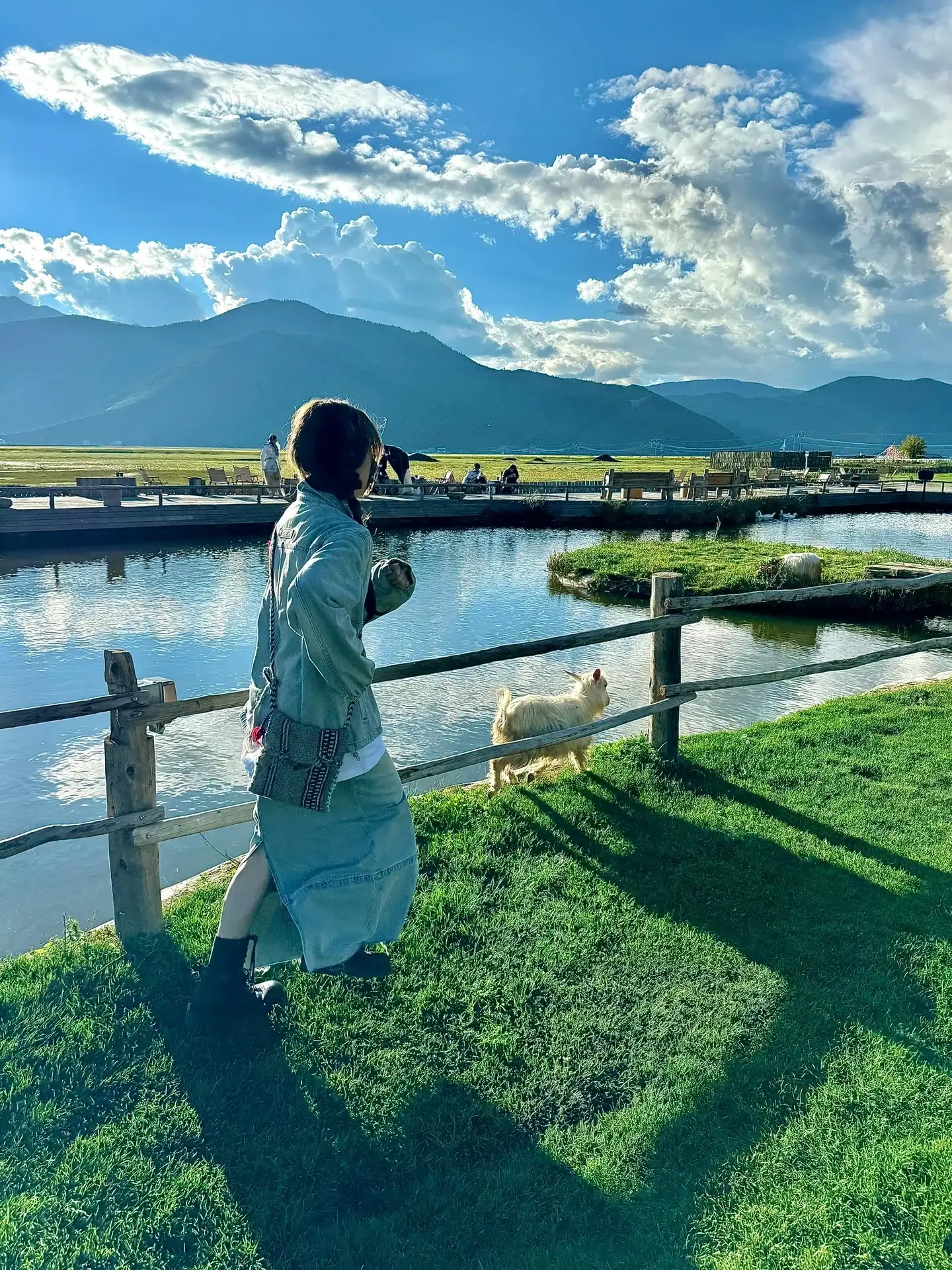 A traveler standing with their back to the camera is pictured on the grassy shore, with a wooden railing, the lake, and distant mountains in the foreground.