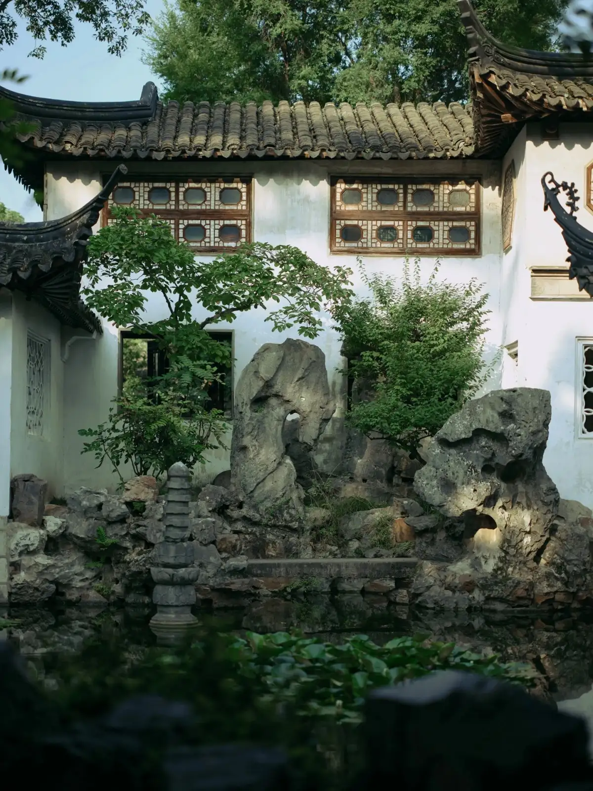 留园庭院的石景与墙窗