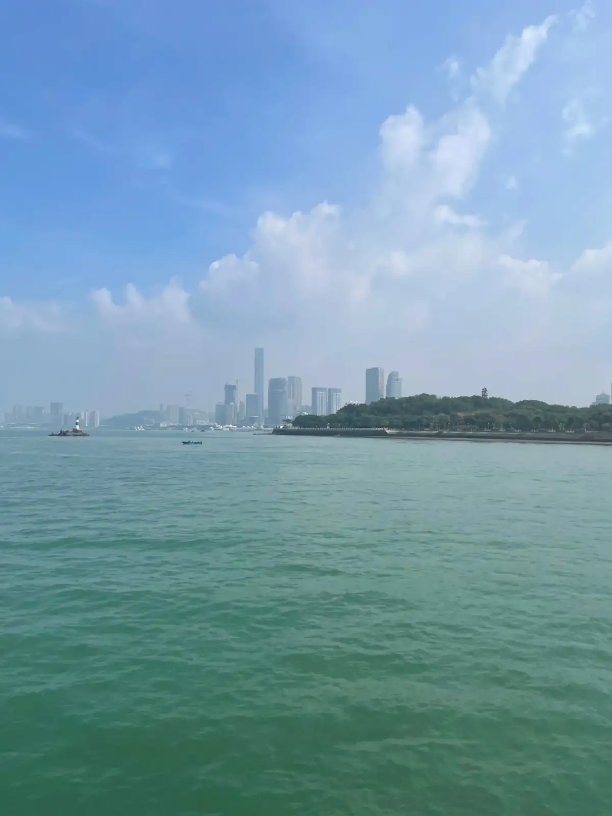 海湾船只与远处城市天际线