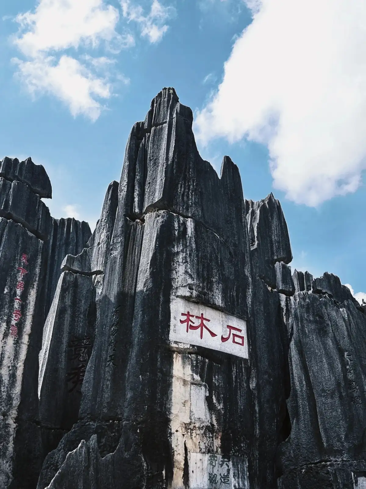 and looking up at the soaring stone pillars, the red characters “Stone Forest” are visible on the rock face.