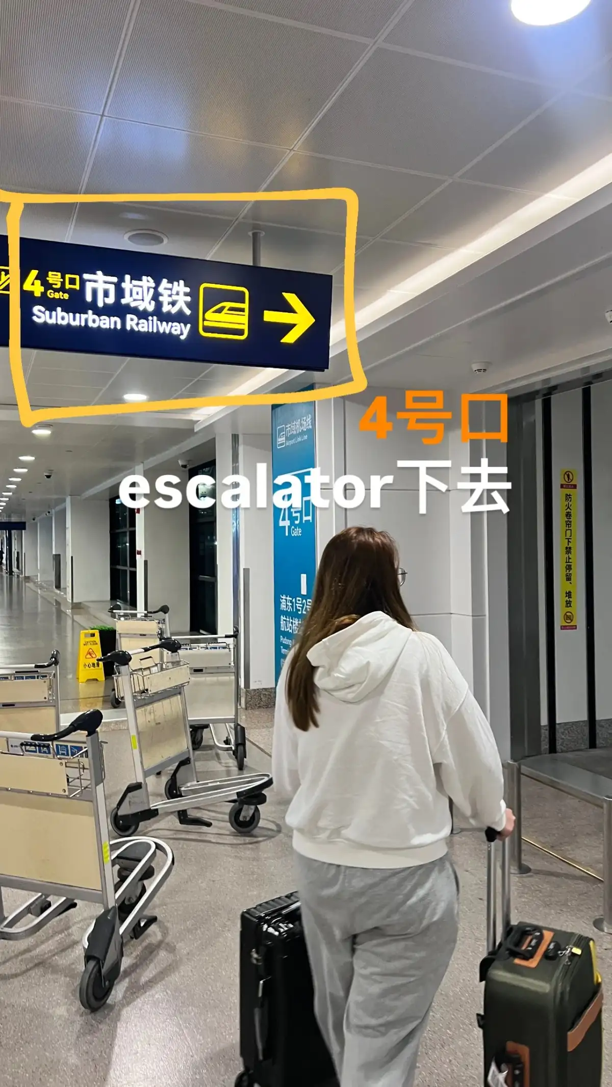 Passengers carrying their luggage should stand under the “Suburban Rail” sign; luggage carts are visible nearby.