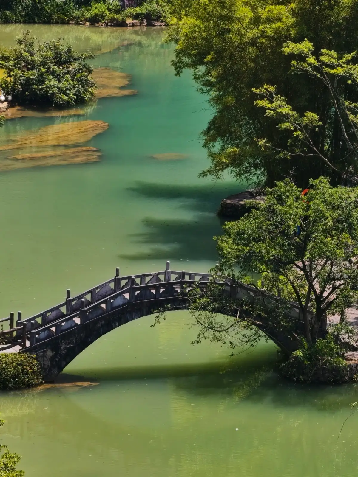 The stone arch bridge under the shade of trees at Equan and the green water