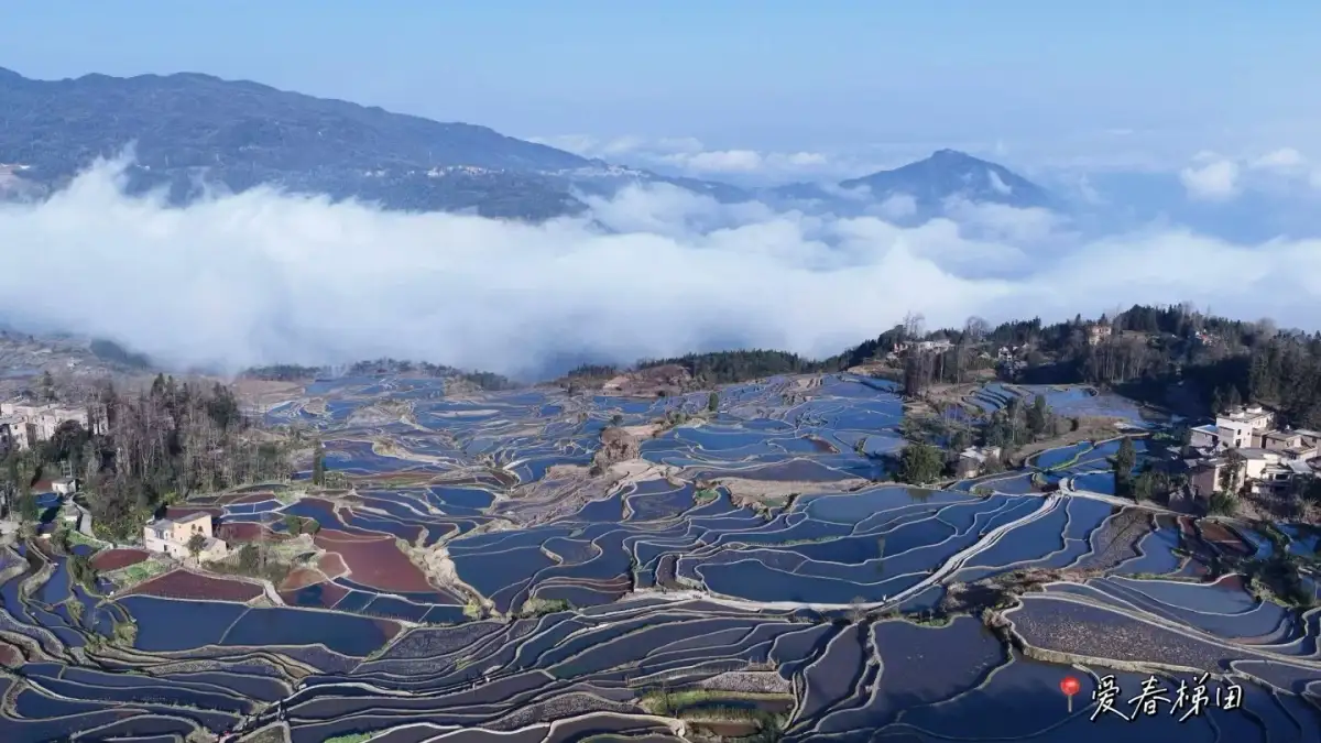 the terraced rice paddies, layered between the sea of clouds and the village