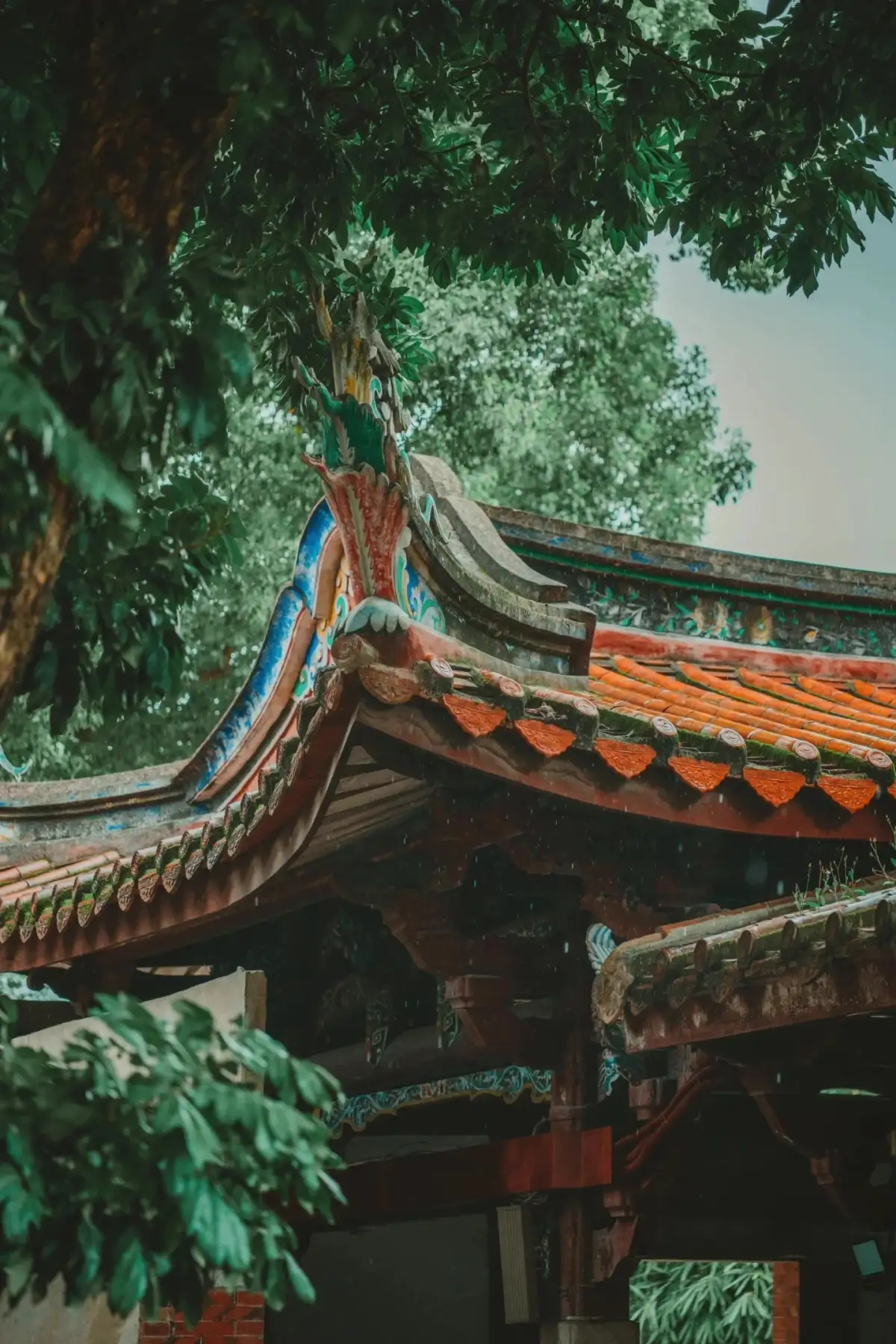 Amid the green foliage, the orange roof tiles and the ornamentation on the upturned eaves form the foreground.