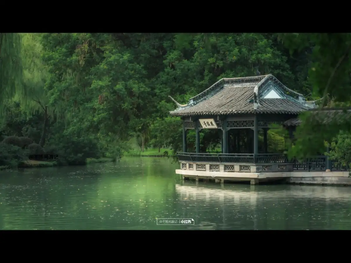 瘦西湖水边亭子与后方浓密树木