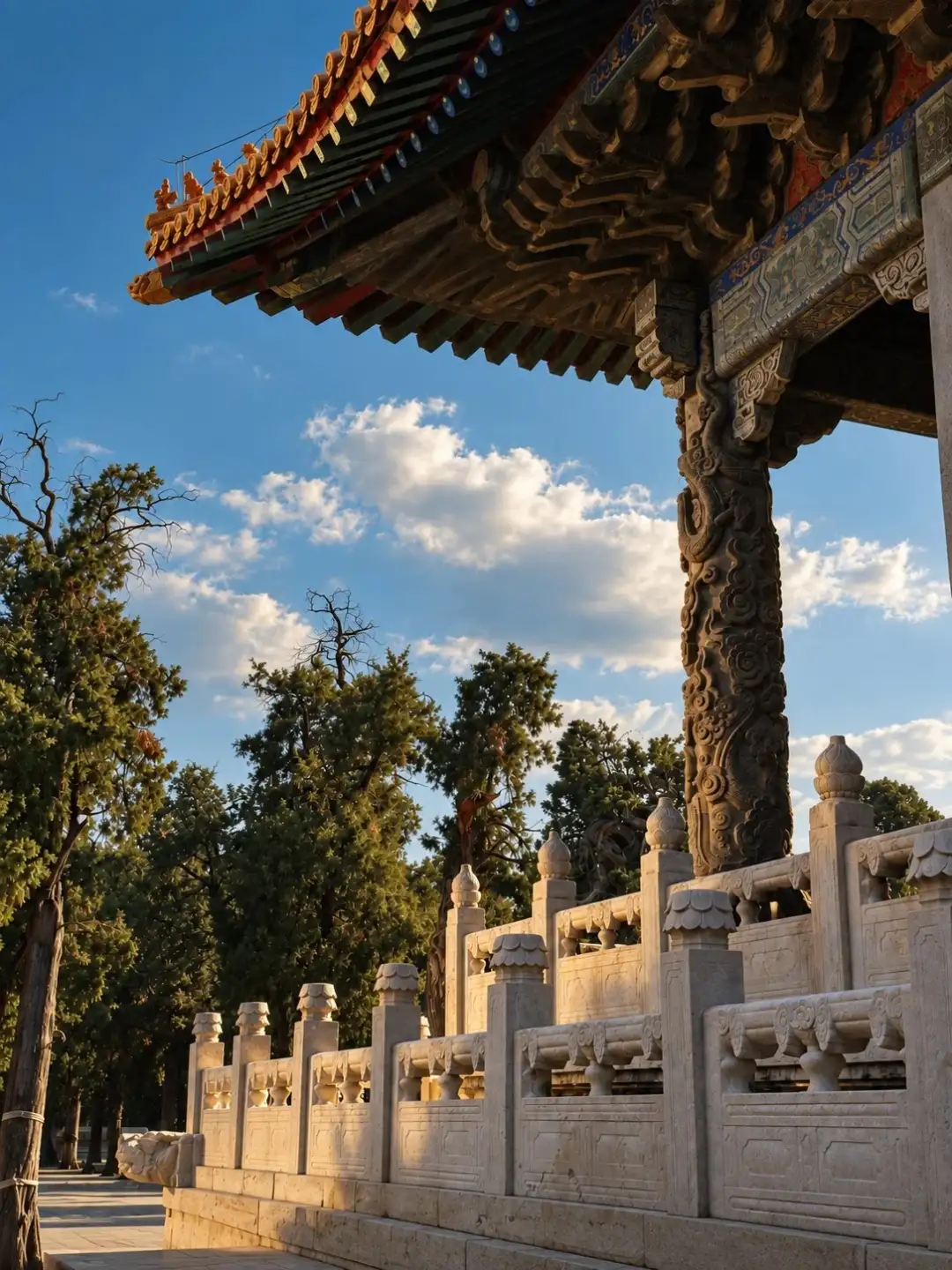 Carved-dragon stone columns, eaves, and stone balustrades at the Confucius Temple in Qufu