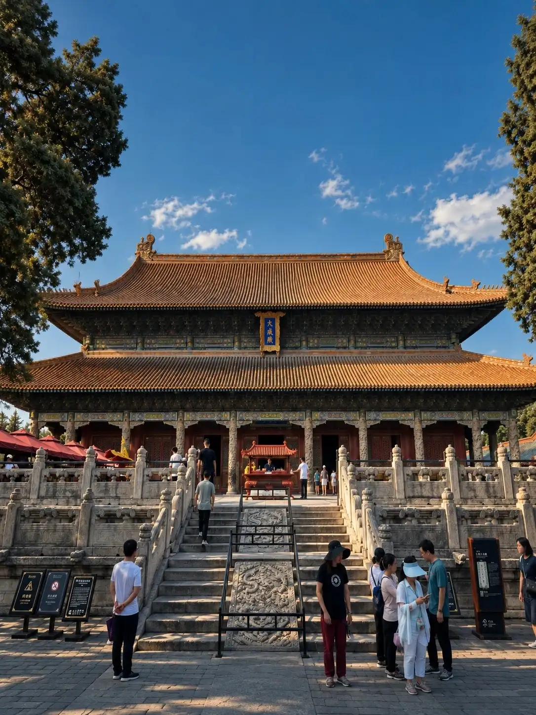 Front view of the Dacheng Hall at the Confucius Temple, with steps and visitors in the foreground