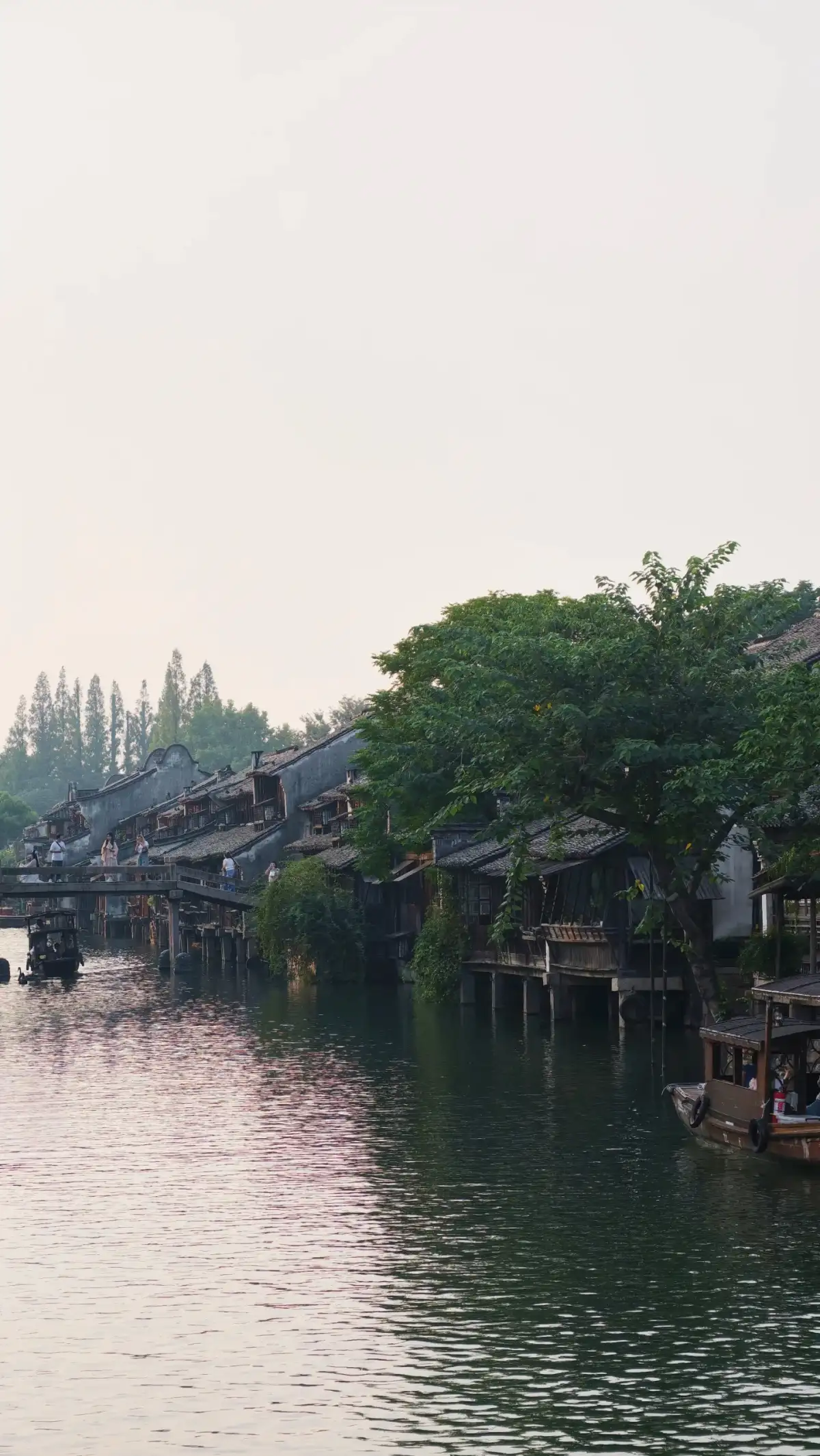 狭长河道映着两岸房屋和树影,水面向远处延伸。