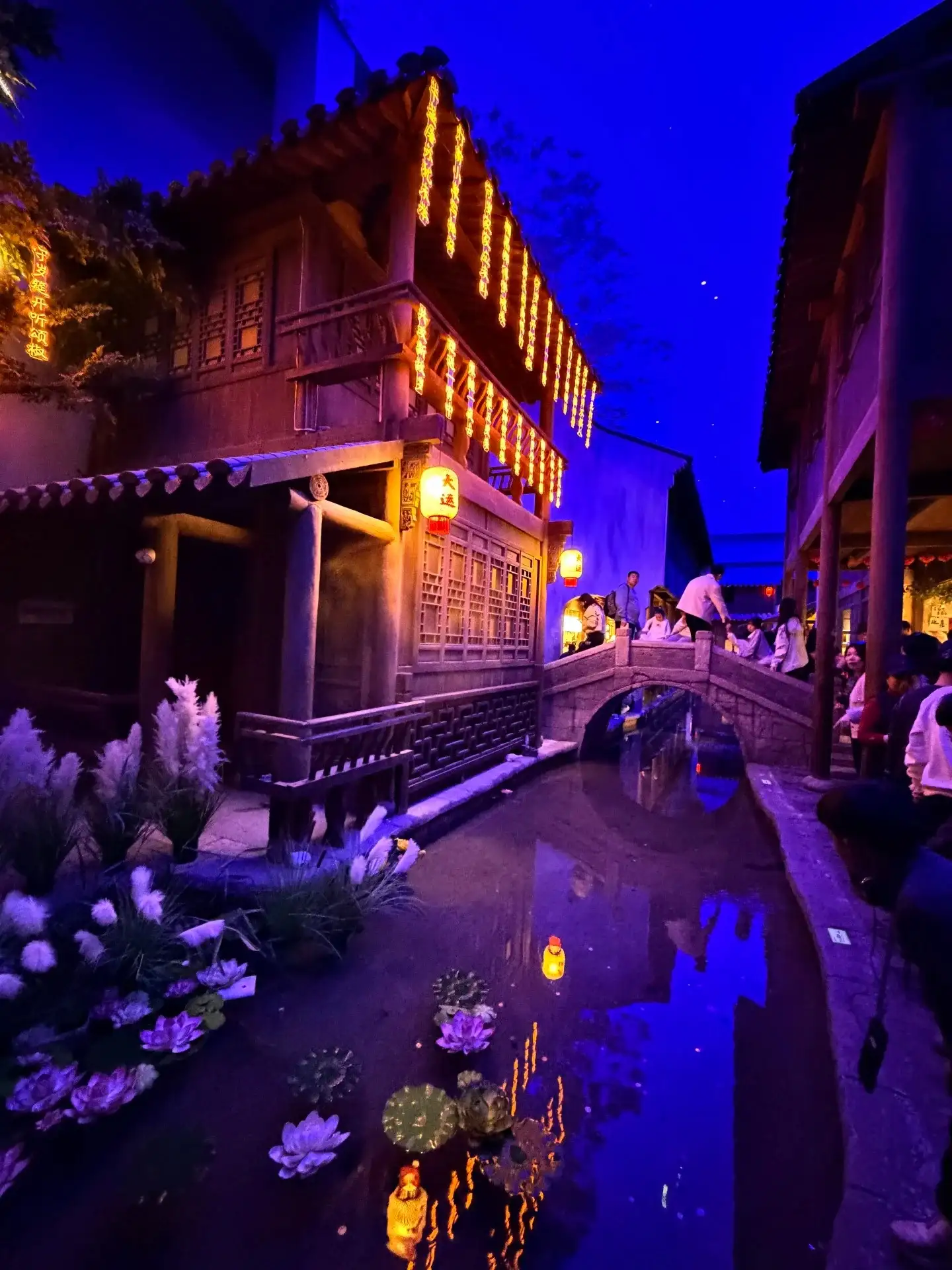 蓝紫灯光下的仿古临水街景